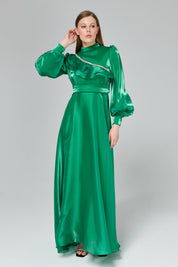 Stone Detail Balloon Sleeve Elegant Dress - Benetton Green