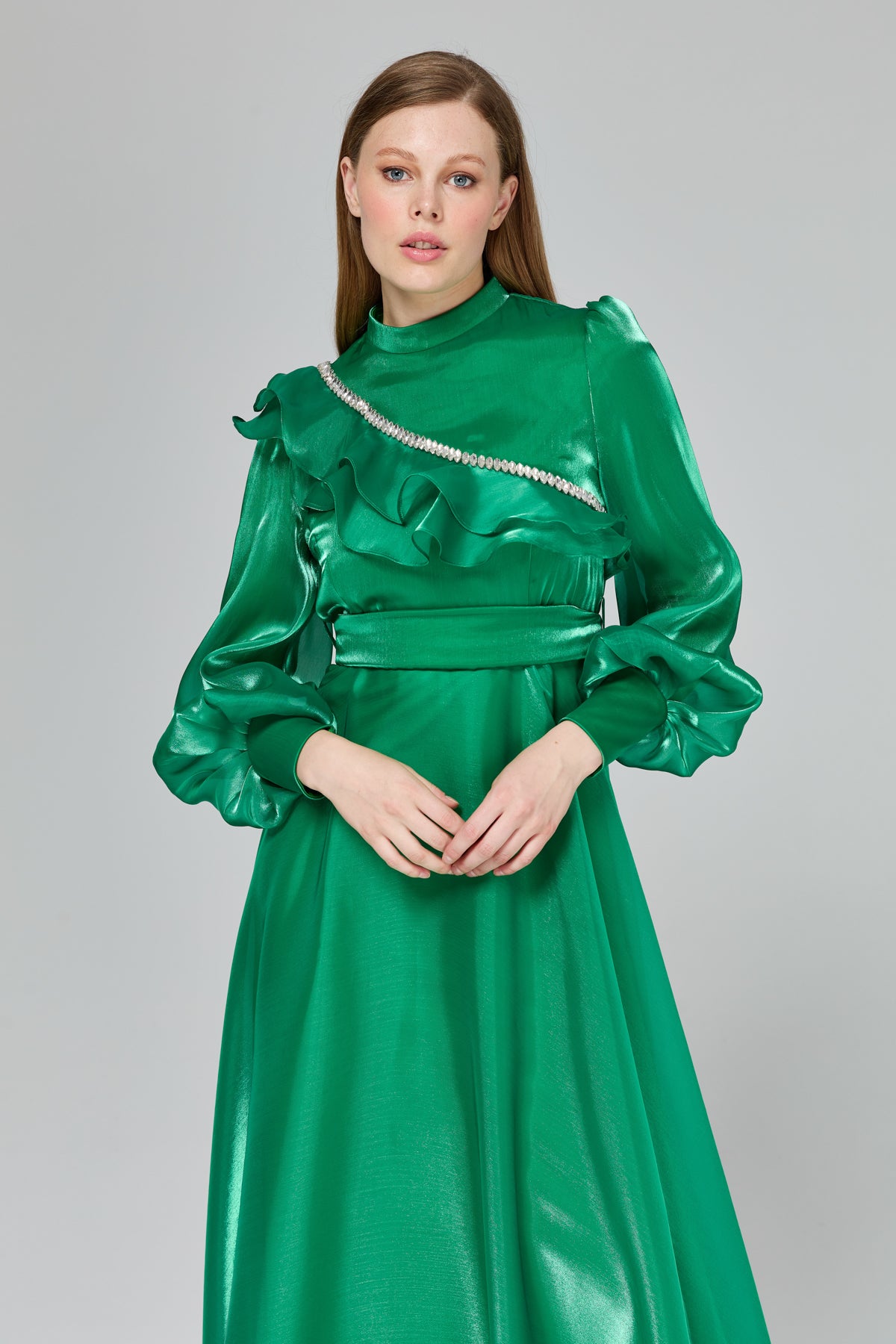 Stone Detail Balloon Sleeve Elegant Dress - Benetton Green