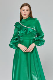 Stone Detail Balloon Sleeve Elegant Dress - Benetton Green
