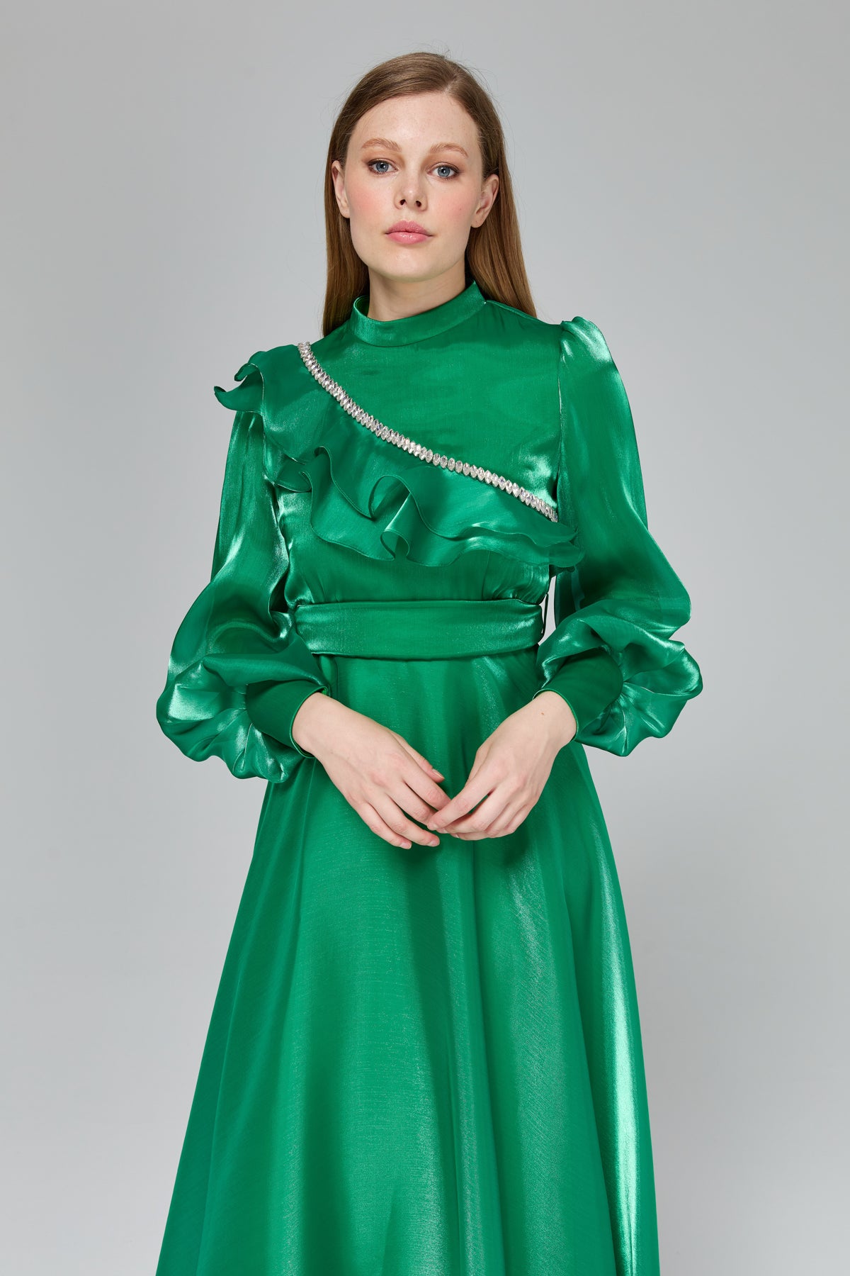 Stone Detail Balloon Sleeve Elegant Dress - Benetton Green