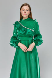 Stone Detail Balloon Sleeve Elegant Dress - Benetton Green