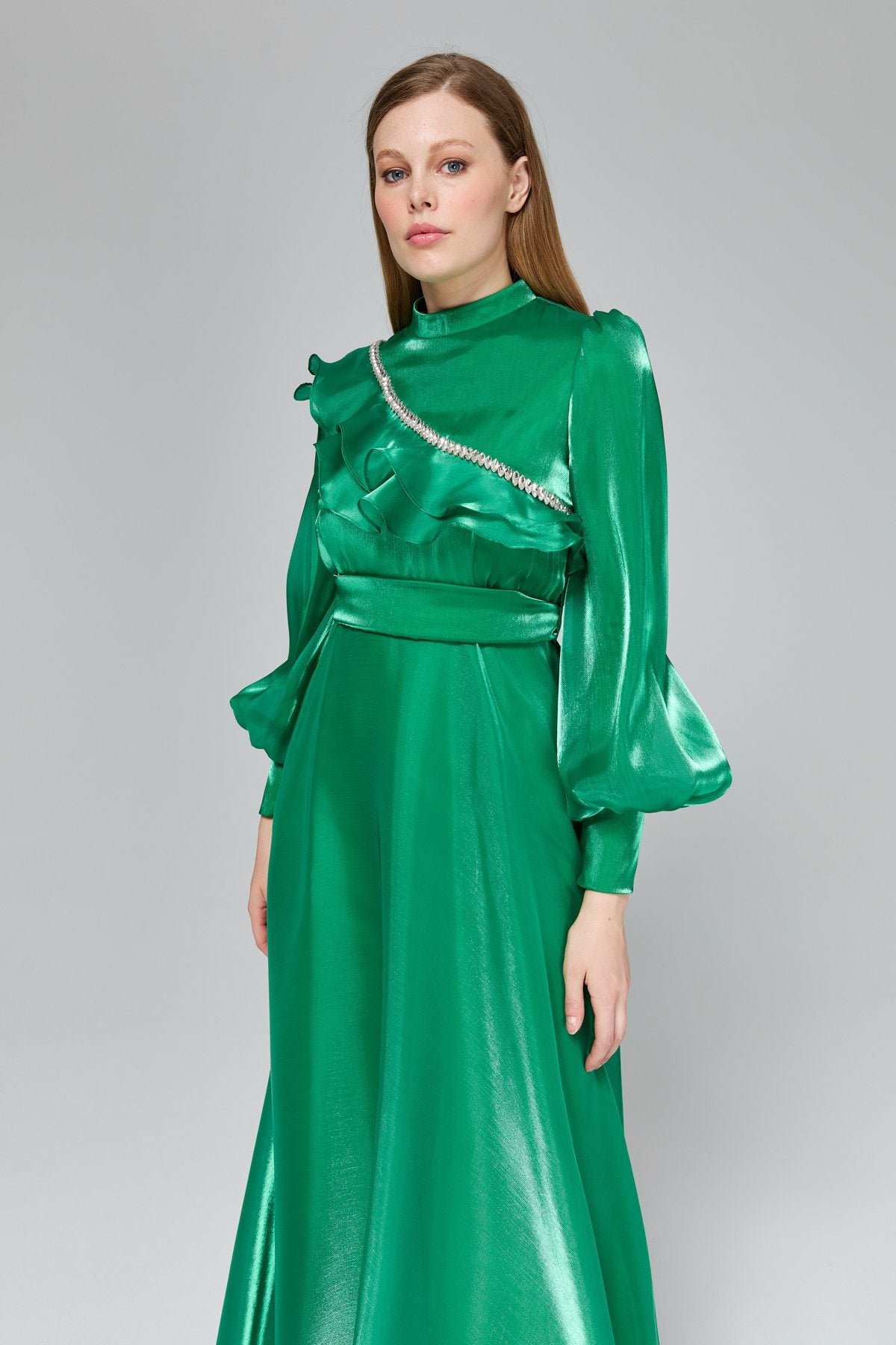 Stone Detail Balloon Sleeve Elegant Dress - Benetton Green
