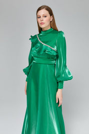 Stone Detail Balloon Sleeve Elegant Dress - Benetton Green