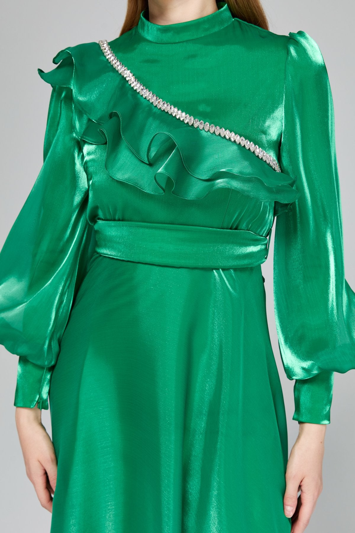 Stone Detail Balloon Sleeve Elegant Dress - Benetton Green