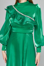 Stone Detail Balloon Sleeve Elegant Dress - Benetton Green