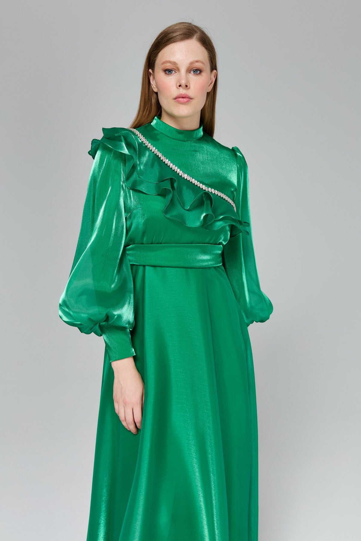 Stone Detail Balloon Sleeve Elegant Dress - Benetton Green