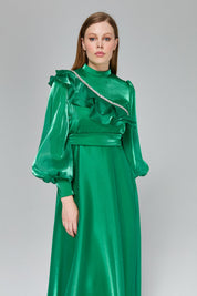 Stone Detail Balloon Sleeve Elegant Dress - Benetton Green
