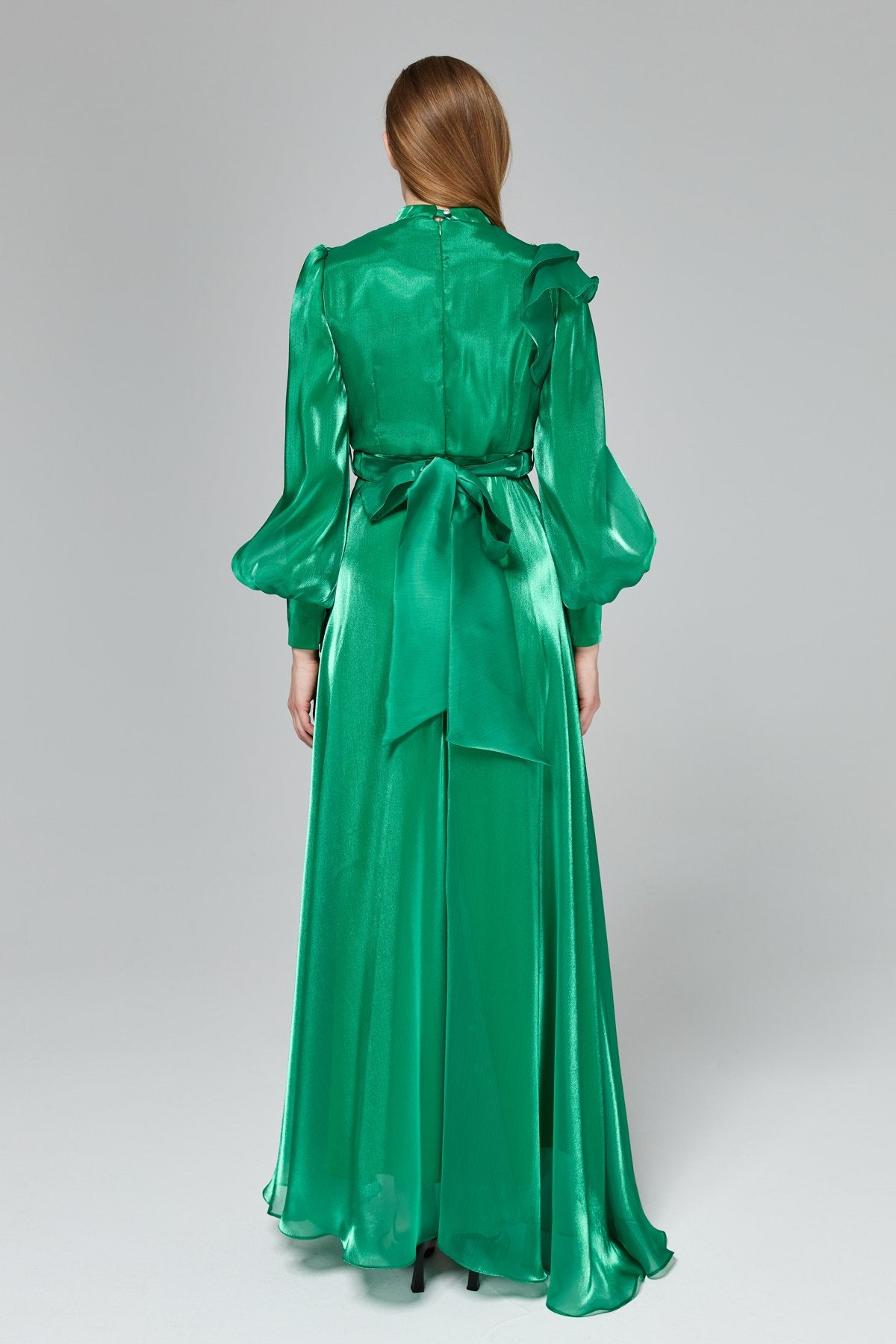 Stone Detail Balloon Sleeve Elegant Dress - Benetton Green