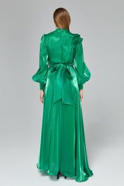 Stone Detail Balloon Sleeve Elegant Dress - Benetton Green