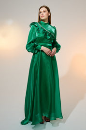 Stone Detail Balloon Sleeve Elegant Dress - Benetton Green