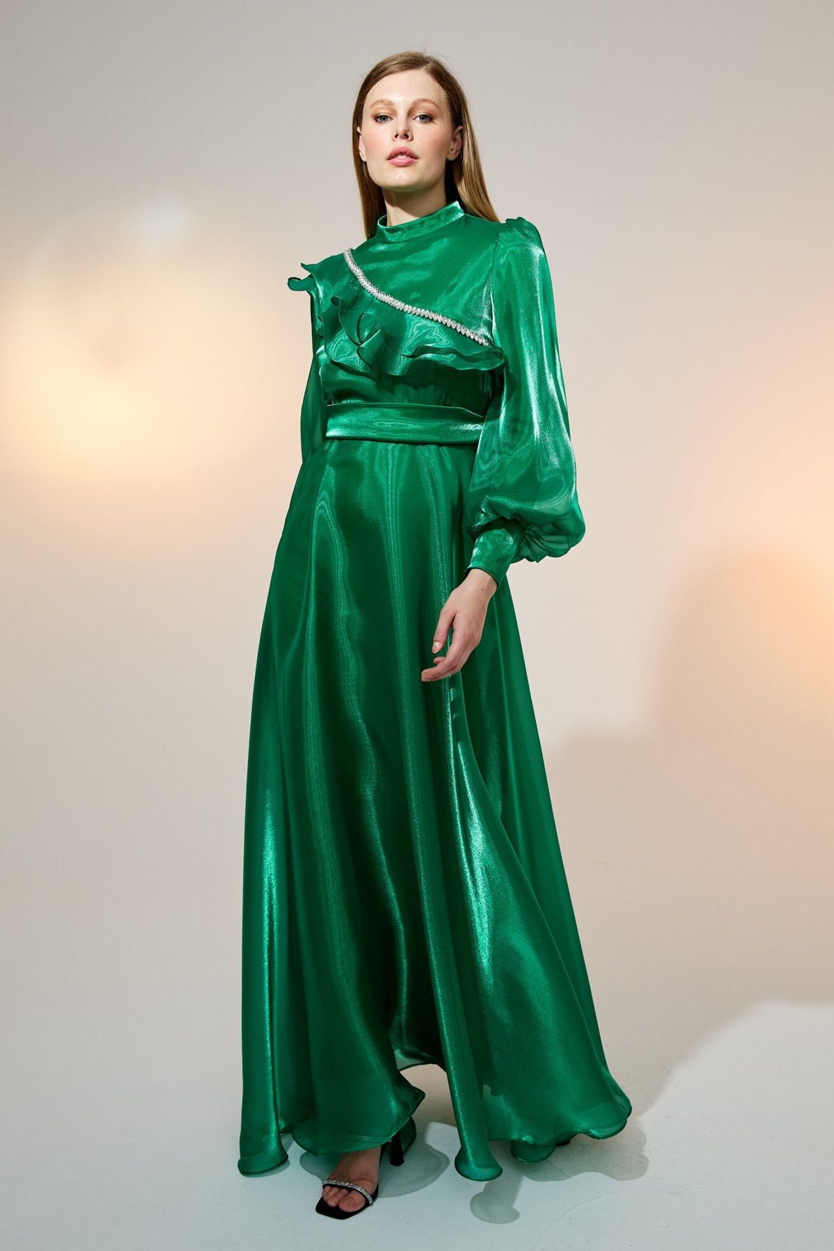Stone Detail Balloon Sleeve Elegant Dress - Benetton Green