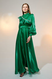 Stone Detail Balloon Sleeve Elegant Dress - Benetton Green