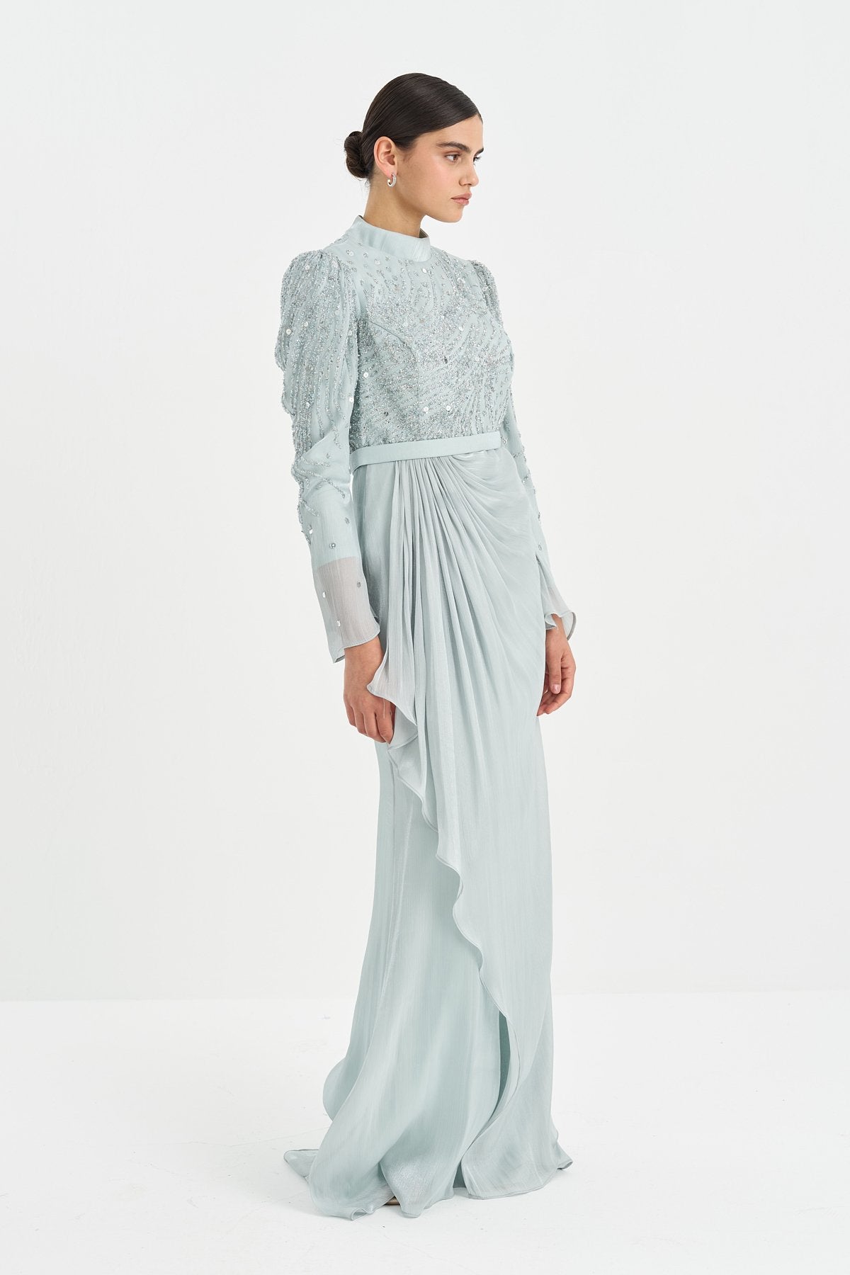 Stone-Detailed Draped Evening Dress - Mint