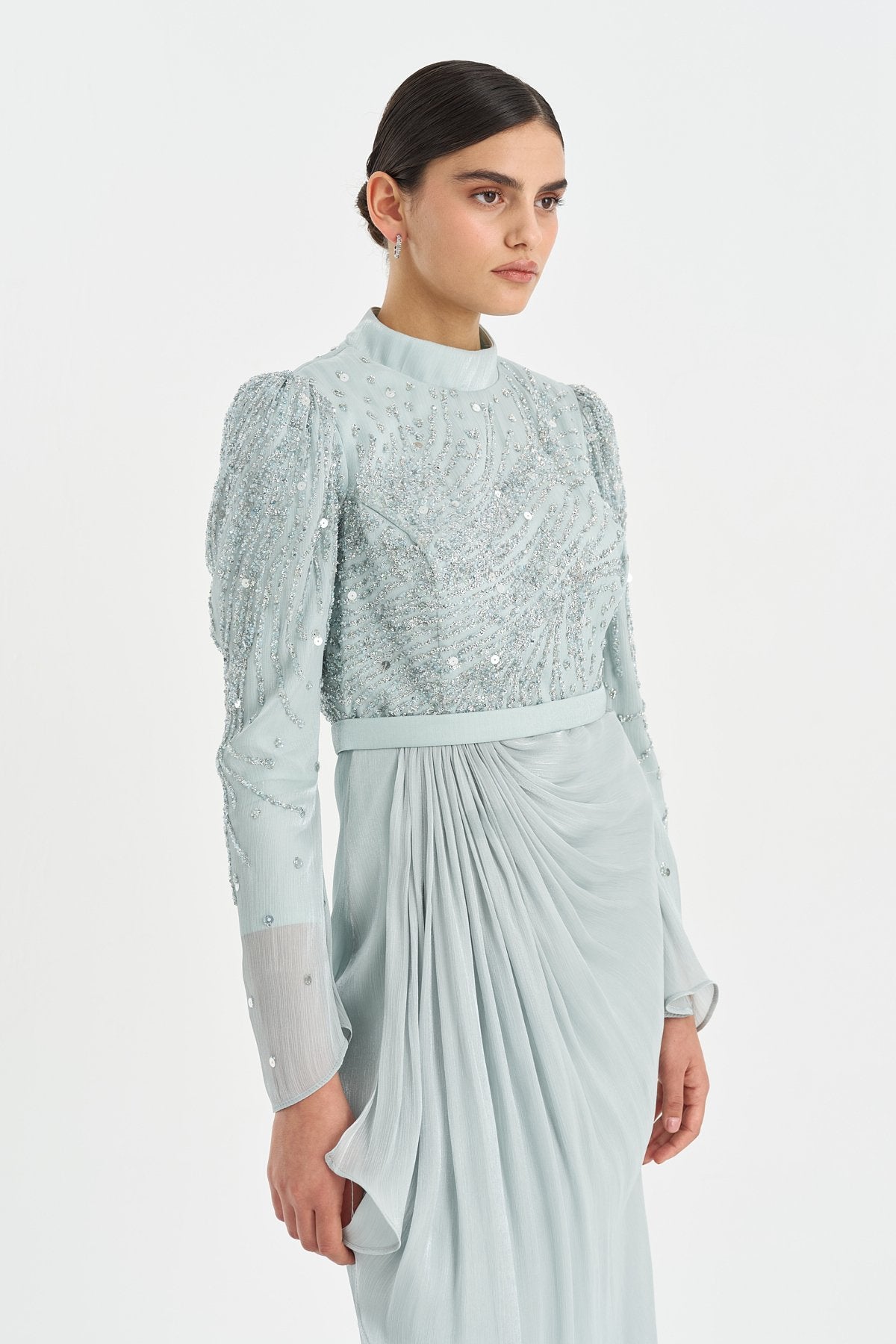 Stone-Detailed Draped Evening Dress - Mint