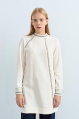 Stone Detailed Ribbed Sleeves and Neckline Knitted Tunic - Ecru