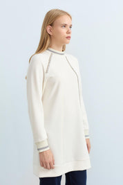 Stone Detailed Ribbed Sleeves and Neckline Knitted Tunic - Ecru
