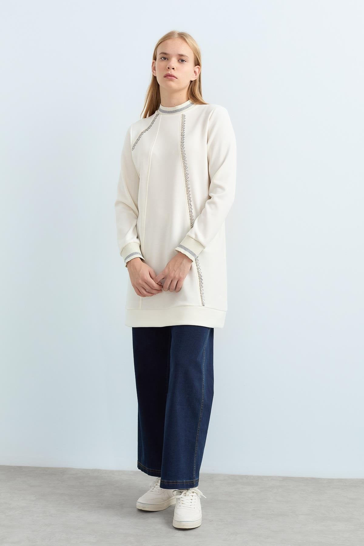 Stone Detailed Ribbed Sleeves and Neckline Knitted Tunic - Ecru