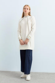 Stone Detailed Ribbed Sleeves and Neckline Knitted Tunic - Ecru