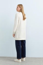 Stone Detailed Ribbed Sleeves and Neckline Knitted Tunic - Ecru