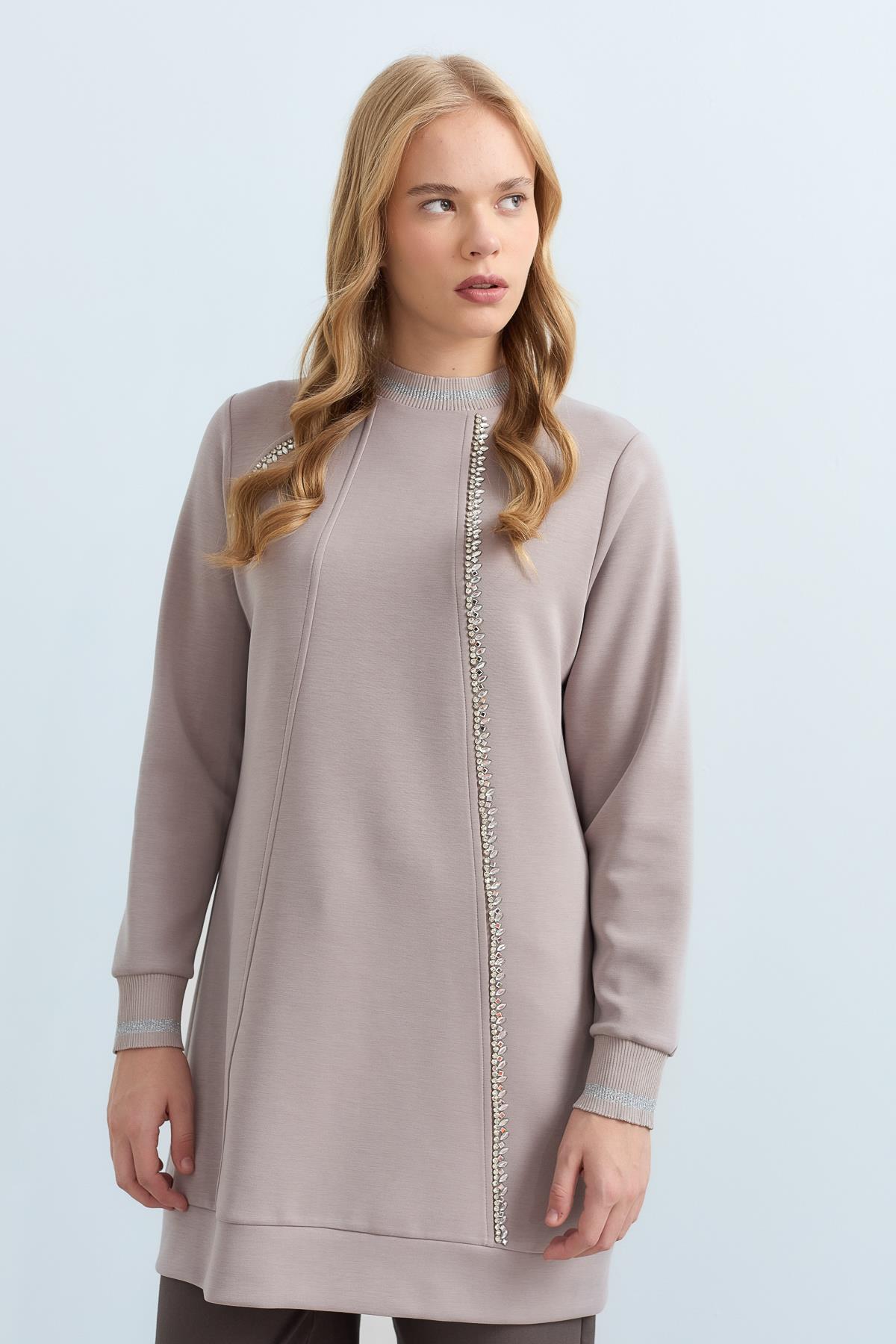 Stone Detailed Ribbed Sleeves and Neckline Knitted Tunic - Mink