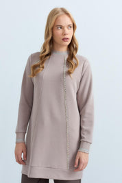 Stone Detailed Ribbed Sleeves and Neckline Knitted Tunic - Mink