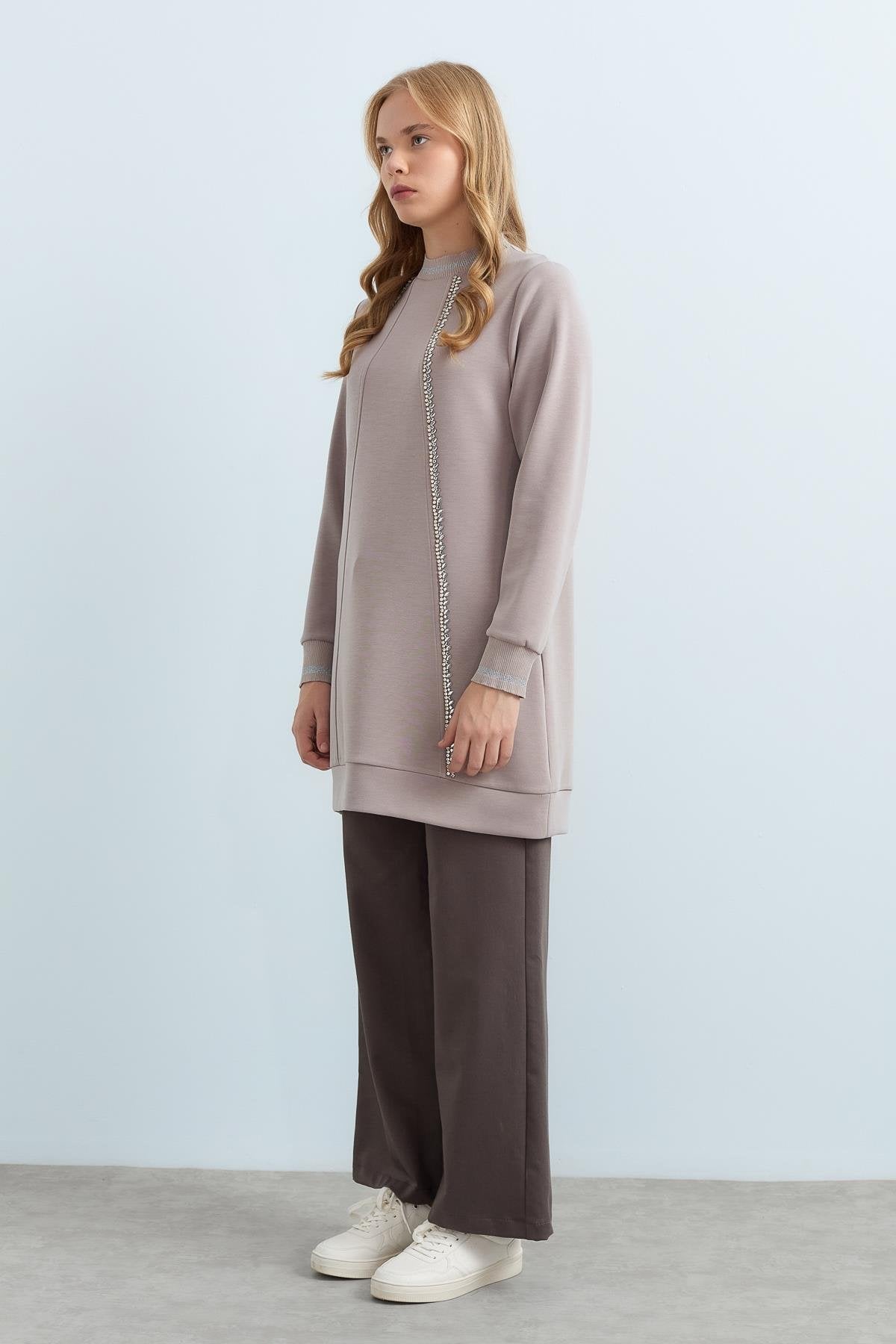 Stone Detailed Ribbed Sleeves and Neckline Knitted Tunic - Mink