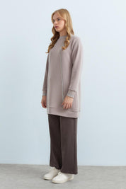 Stone Detailed Ribbed Sleeves and Neckline Knitted Tunic - Mink