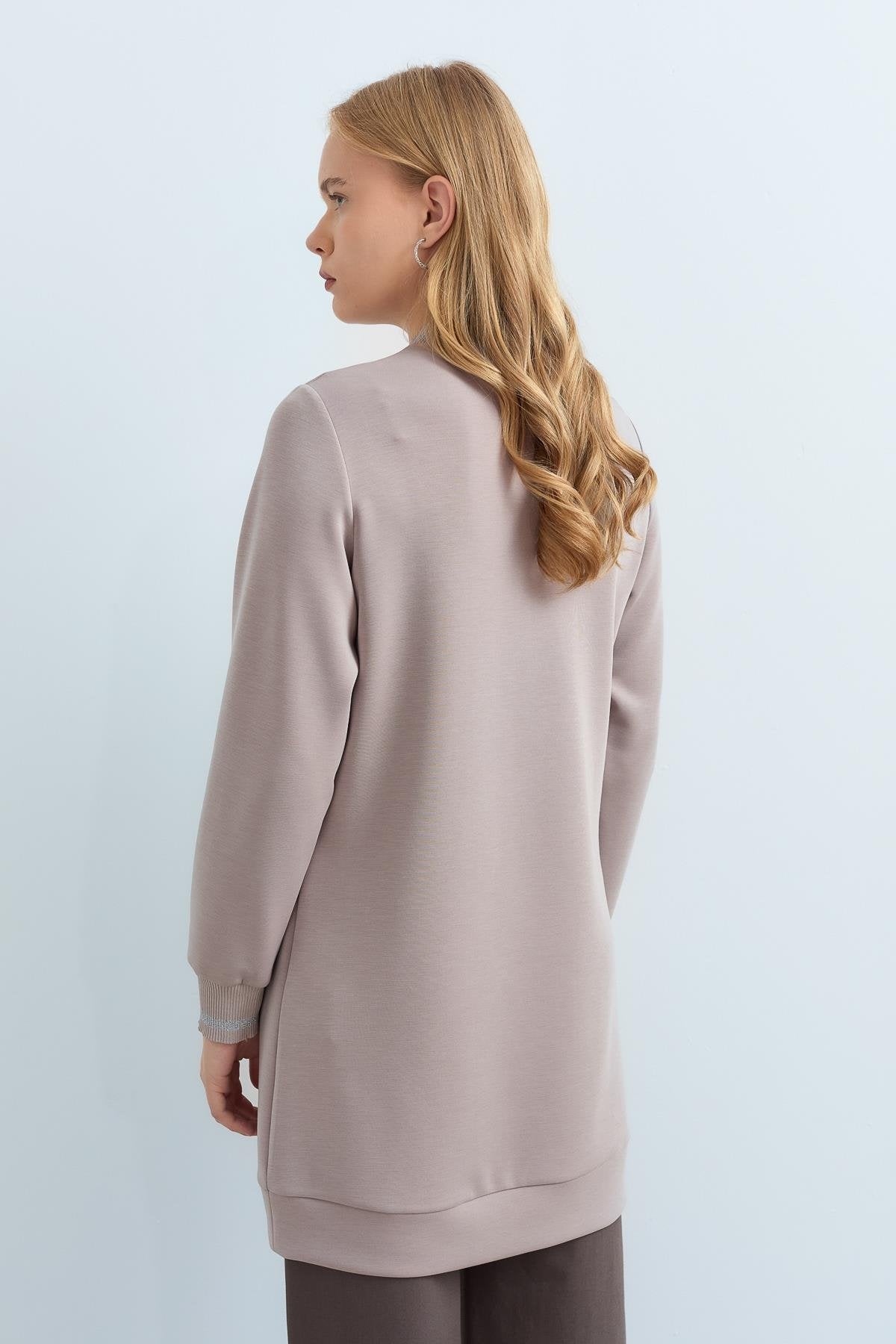 Stone Detailed Ribbed Sleeves and Neckline Knitted Tunic - Mink