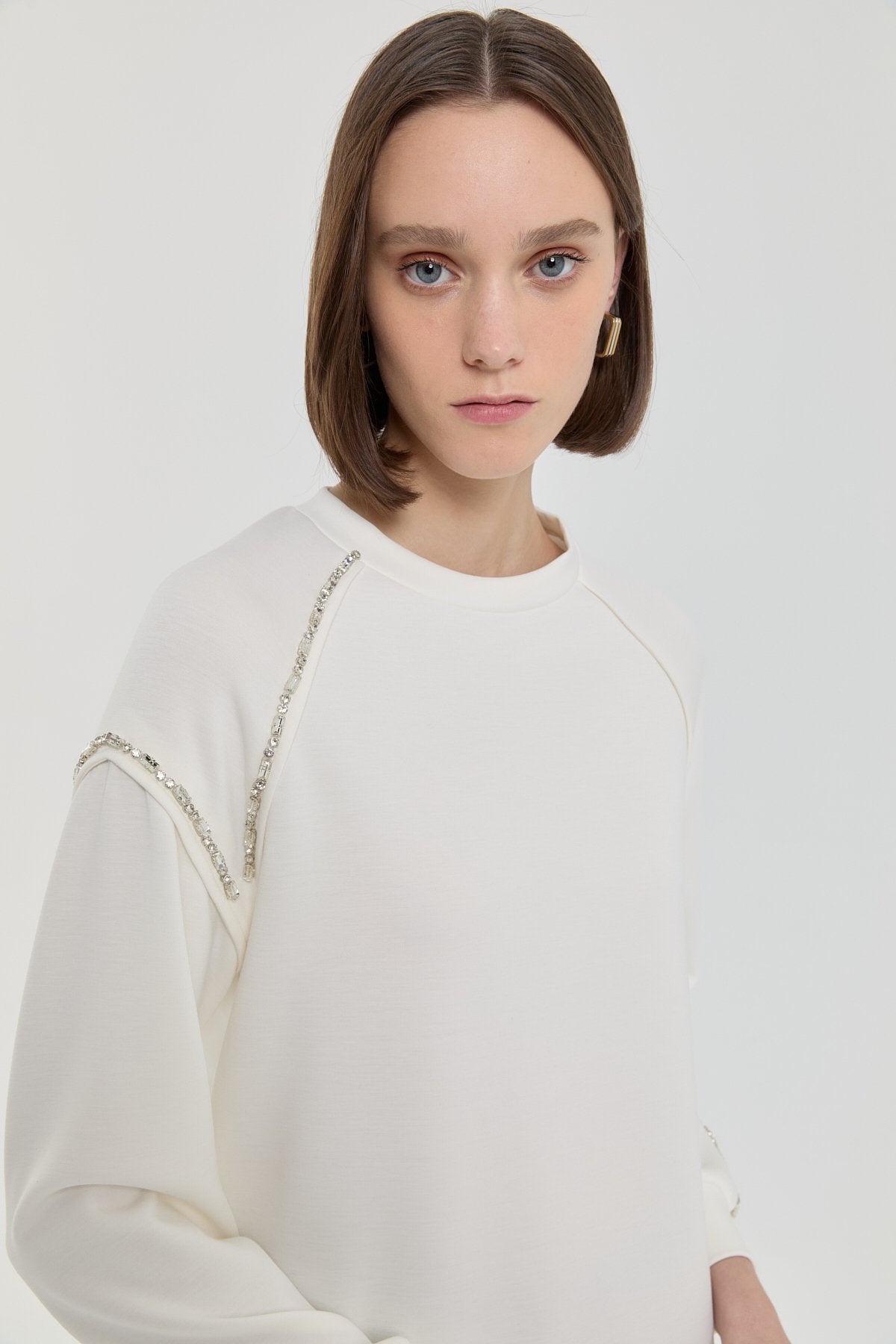 Taş Detaylı Örme Sweat - Ekru