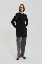 Taş Detaylı Örme Sweat - Siyah
