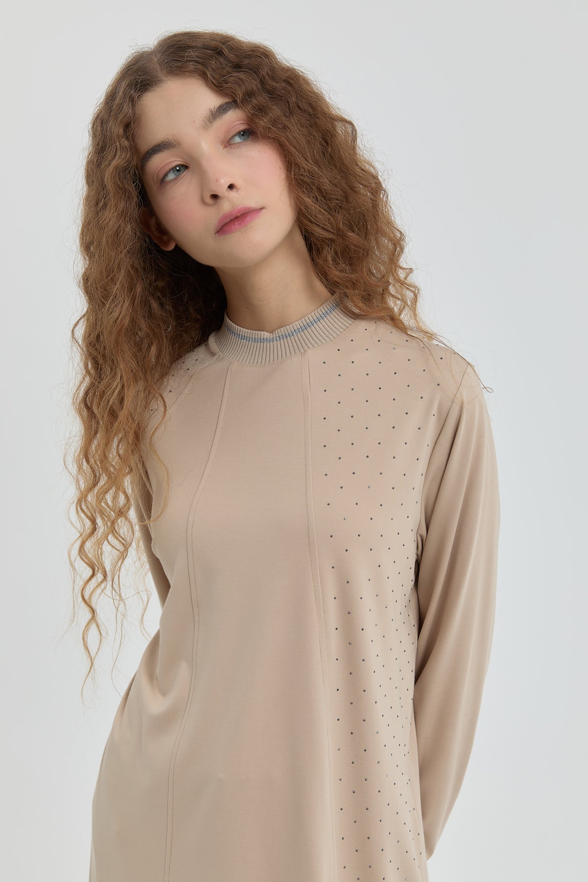Taş Detaylı Örme Tunik - Bej