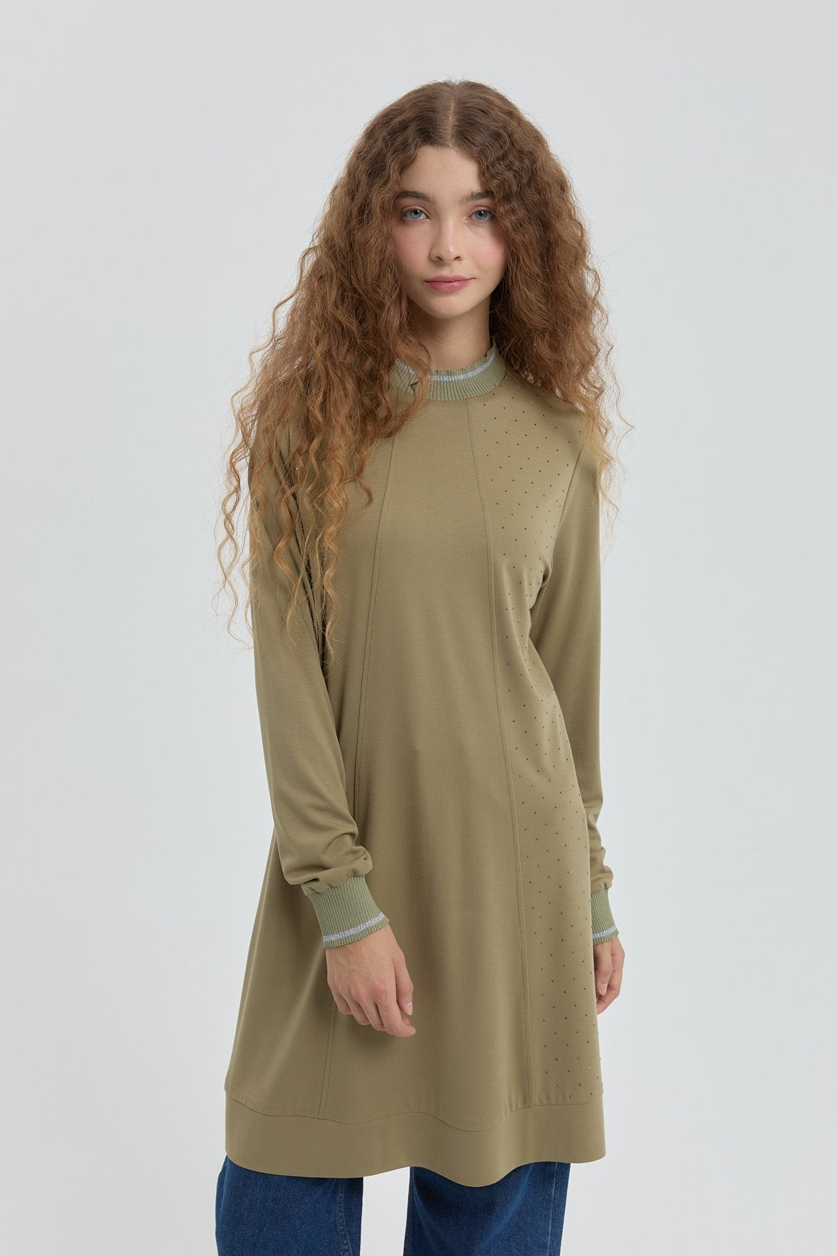 Taş Detaylı Örme Tunik - Haki