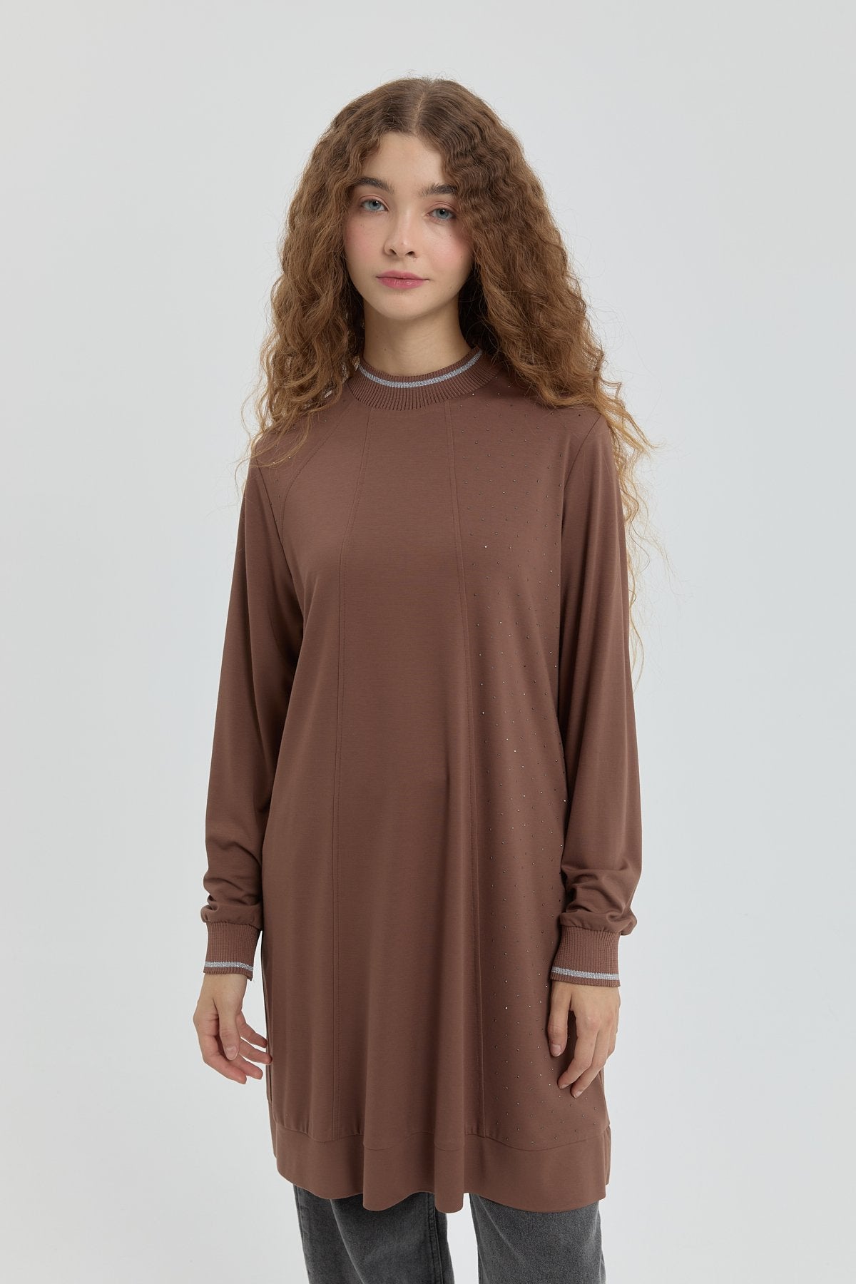 Taş Detaylı Örme Tunik - Kahve
