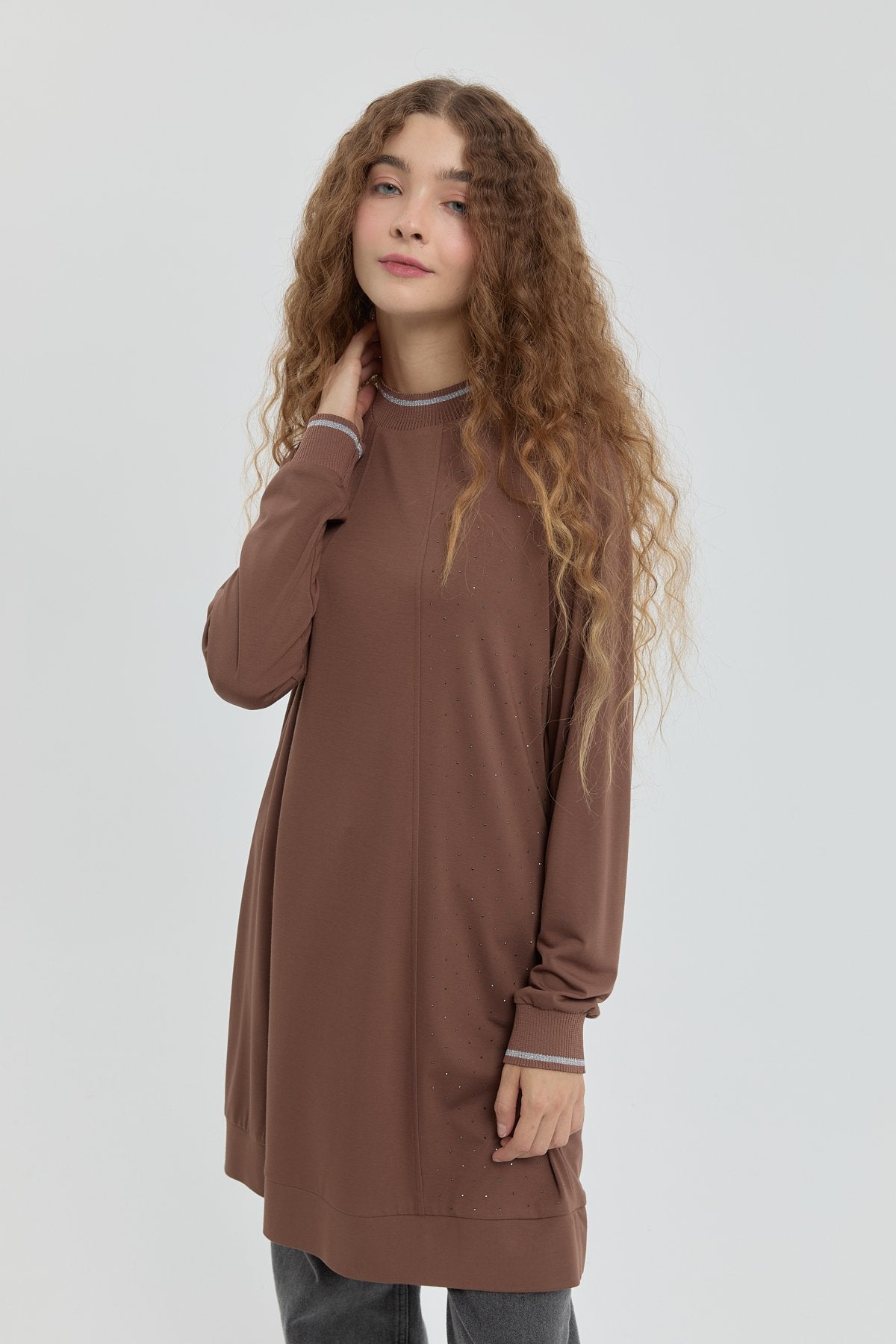 Stone Detail Knitted Tunic - Brown