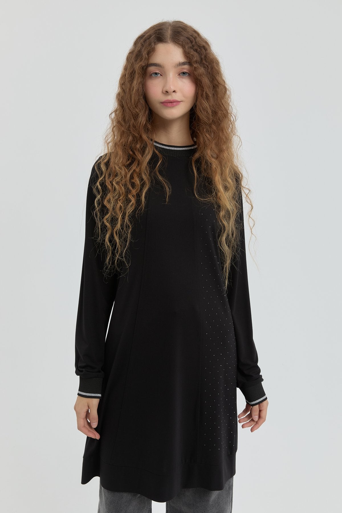 Taş Detaylı Örme Tunik - Siyah