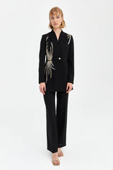 Stone Detail Pants and Jacket Stylish Suit - Black