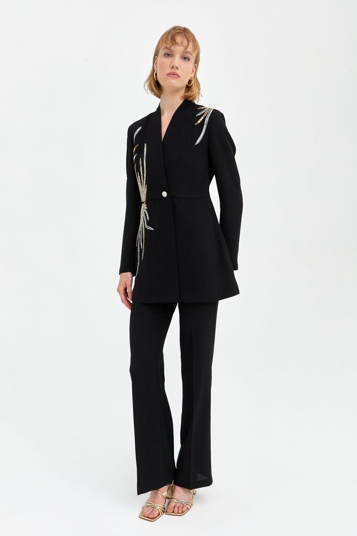 Stone Detail Pants and Jacket Stylish Suit - Black