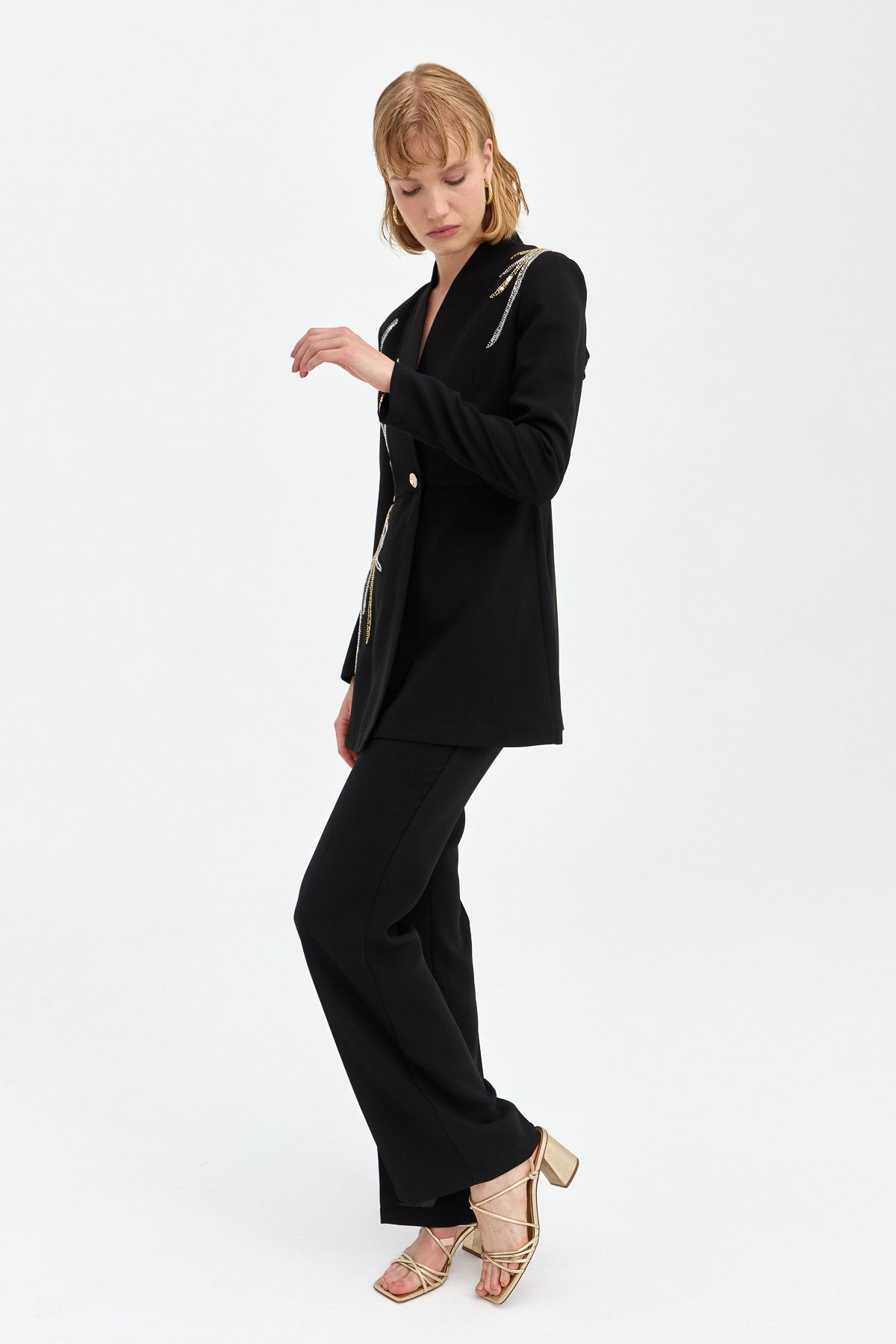 Stone Detail Pants and Jacket Stylish Suit - Black