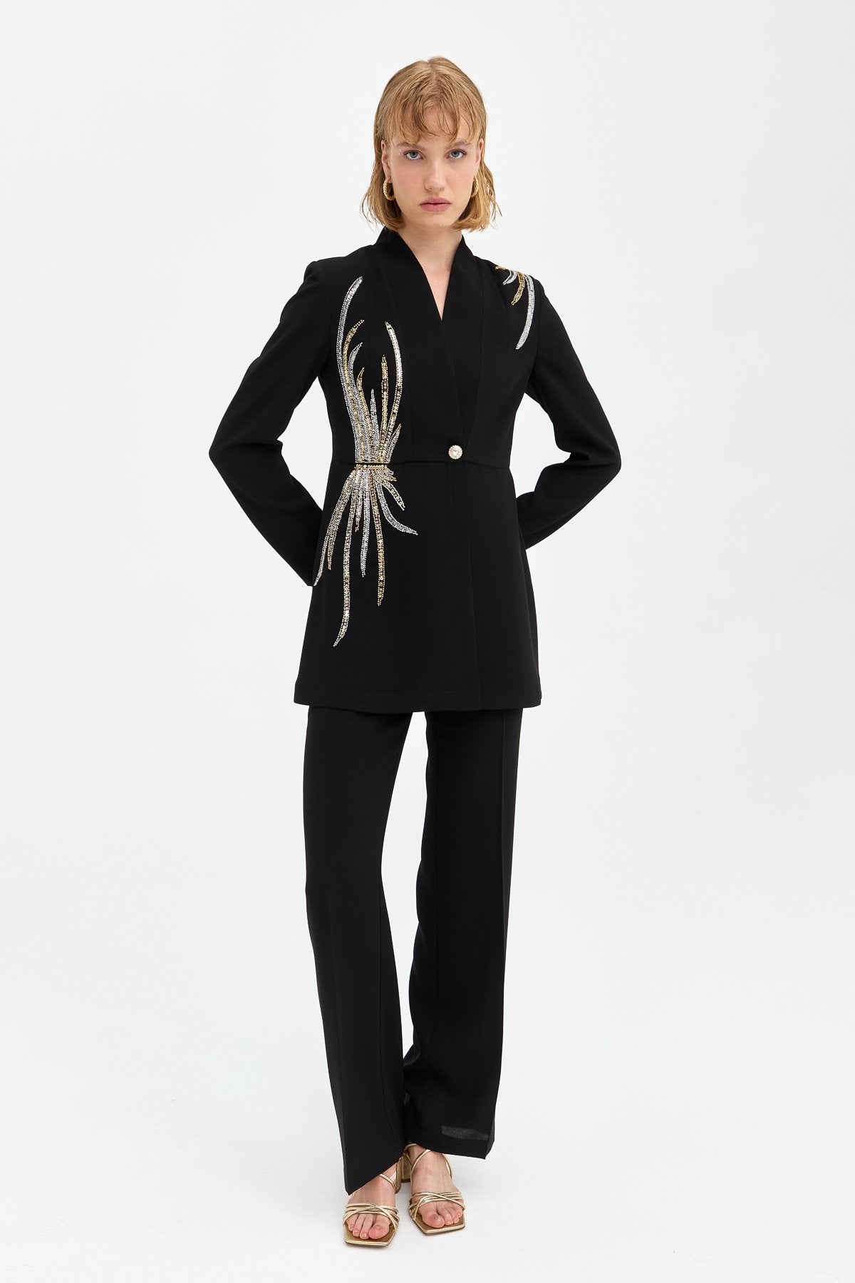 Stone Detail Pants and Jacket Stylish Suit - Black