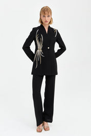 Stone Detail Pants and Jacket Stylish Suit - Black