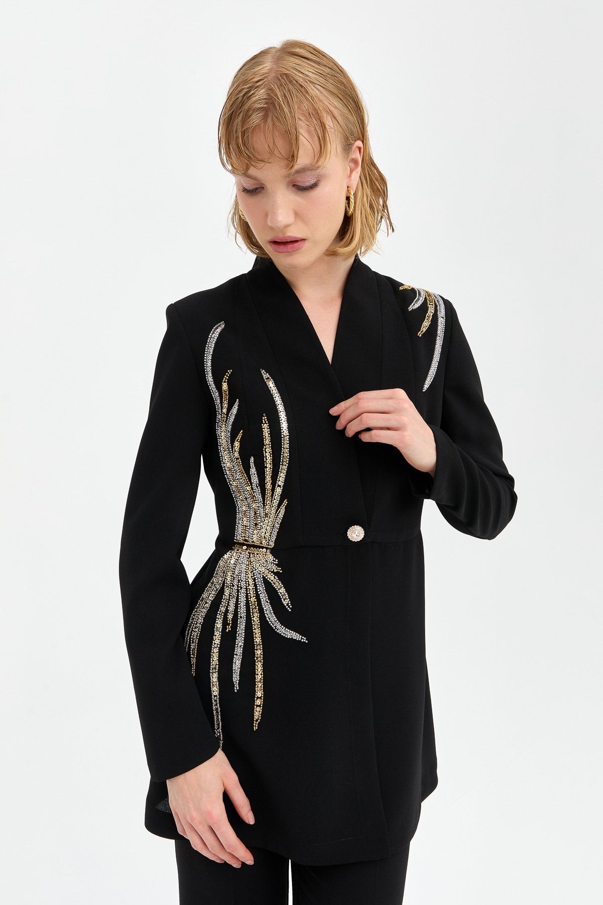Stone Detail Pants and Jacket Stylish Suit - Black