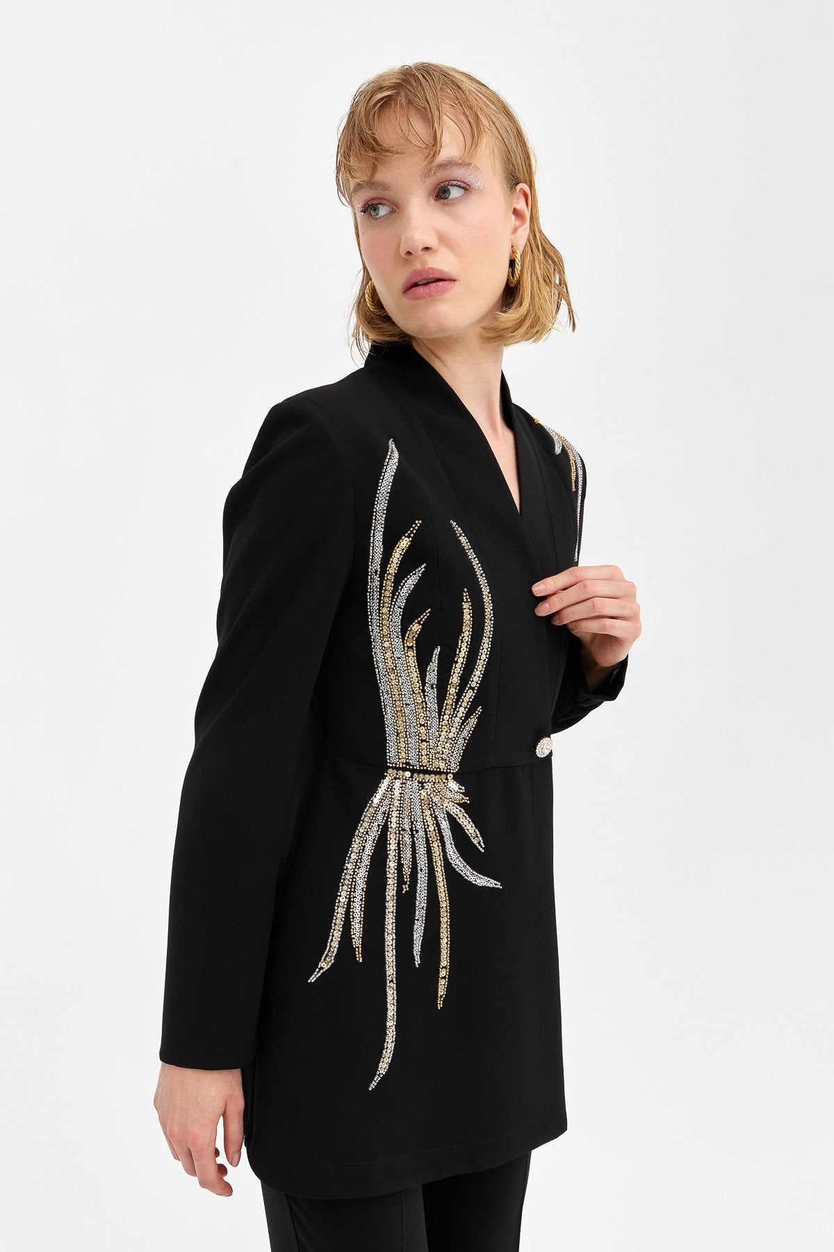 Stone Detail Pants and Jacket Stylish Suit - Black
