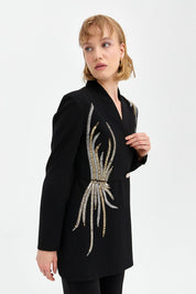Stone Detail Pants and Jacket Stylish Suit - Black