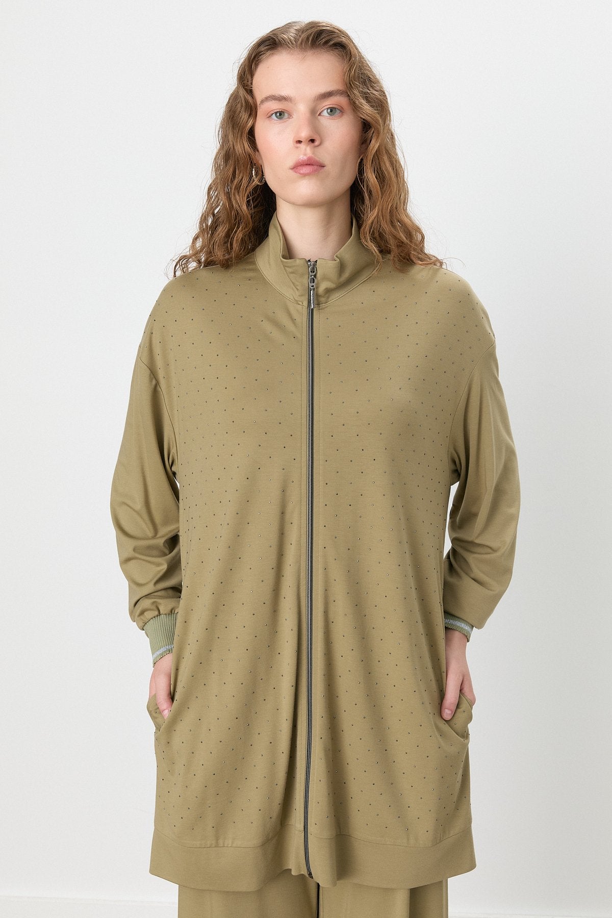 Taş Detaylı Pantolon Tunik Örme Takım - Haki