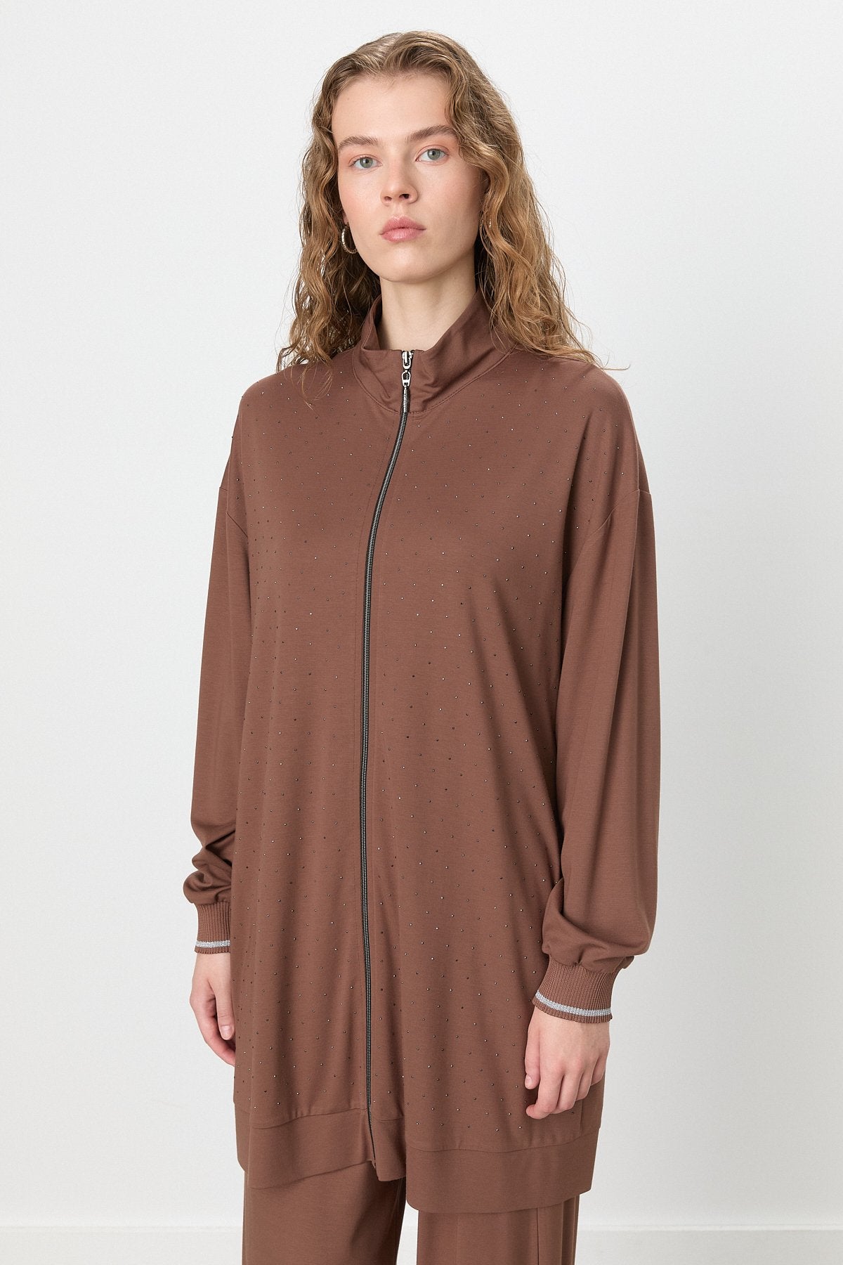Taş Detaylı Pantolon Tunik Örme Takım - Kahve