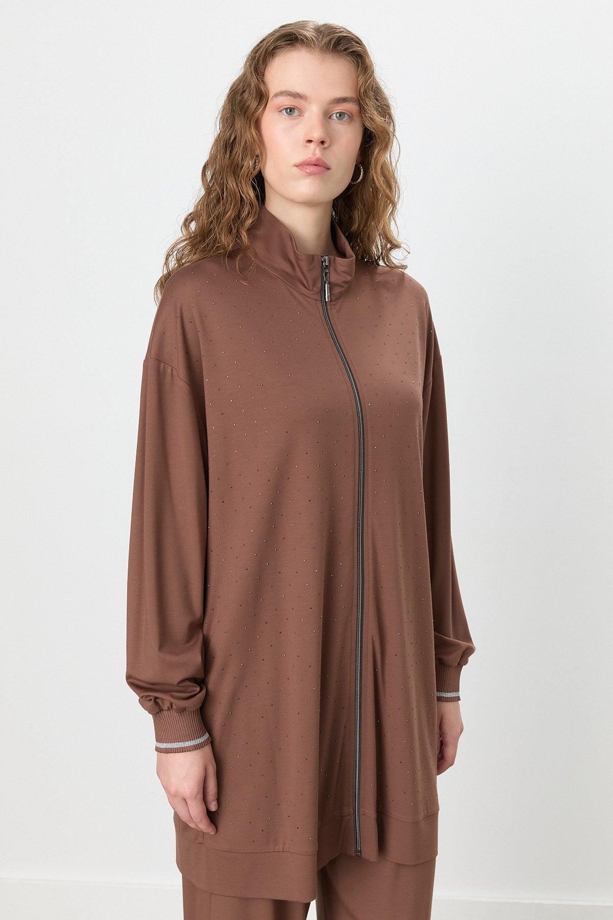 Taş Detaylı Pantolon Tunik Örme Takım - Kahve