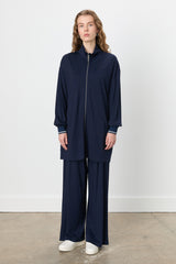 Stone Detail Pants and Tunic Knit Set - Navy Blue