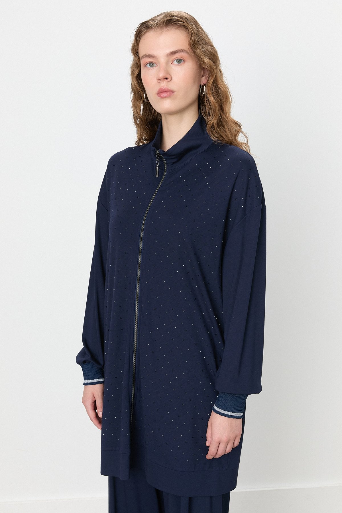 Stone Detail Pants and Tunic Knit Set - Navy Blue