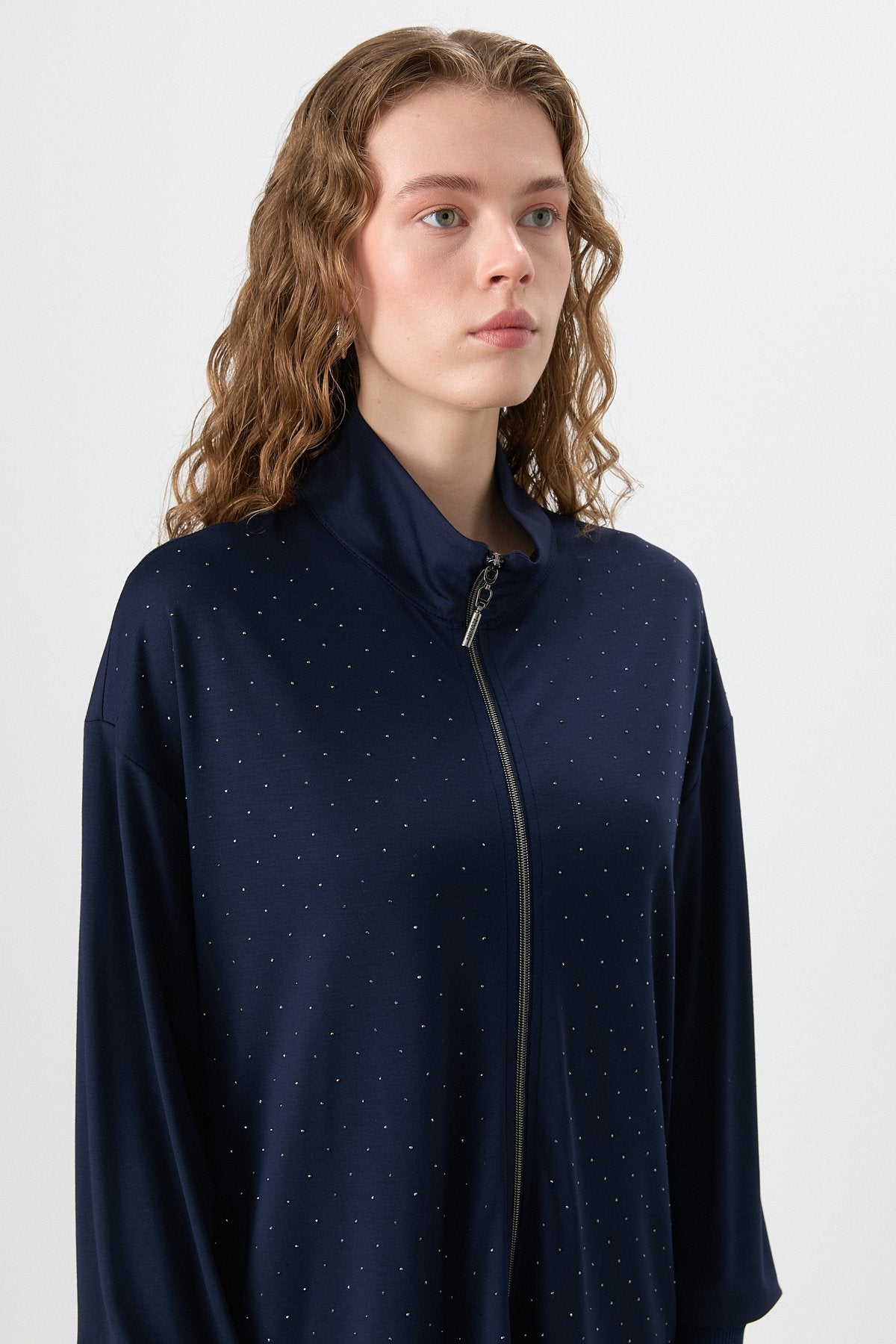 Stone Detail Pants and Tunic Knit Set - Navy Blue