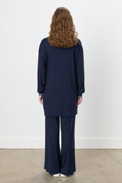 Stone Detail Pants and Tunic Knit Set - Navy Blue
